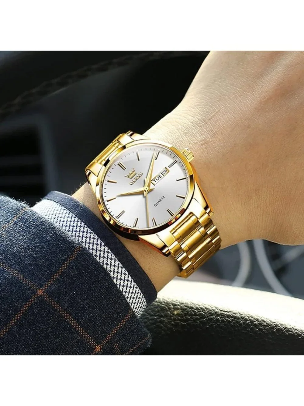 Men's Gold White Analog Quartz Stainless Steel Luxury Luminous Waterproof Watch
